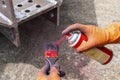 The step two of doing penetrant testing is step to use spray Liquid Penetrant into the brush before apply to the welded for Non- Royalty Free Stock Photo