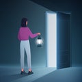 Step into unknown future ahead, girl with lamp standing at open entrance door alone Royalty Free Stock Photo