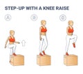 Step Up with a Knee Raise Exercise for Female Home Workout Guidance Colorful Illustration.