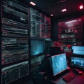a room with many monitors and a red sign that says on the screen Into the Matrix Immersive Journey