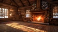 A cozy room in a wooden house with a fireplace, winter and snow outside.