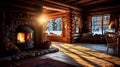 A cozy room in a wooden house with a fireplace, winter and snow outside.