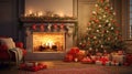 Enchanting Christmas Living Room Scene: Hyper-Realistic Decor, Cozy Fireplace, and Festive Presents Render. Royalty Free Stock Photo