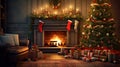 Enchanting Christmas Living Room Scene: Hyper-Realistic Decor, Cozy Fireplace, and Festive Presents Render. Royalty Free Stock Photo