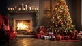 Enchanting Christmas Living Room Scene: Hyper-Realistic Decor, Cozy Fireplace, and Festive Presents Render.