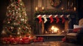 Enchanting Christmas Living Room Scene: Hyper-Realistic Decor, Cozy Fireplace, and Festive Presents Render. Royalty Free Stock Photo