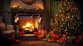 Enchanting Christmas Living Room Scene: Hyper-Realistic Decor, Cozy Fireplace, and Festive Presents Render. Royalty Free Stock Photo