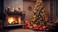 Enchanting Christmas Living Room Scene: Hyper-Realistic Decor, Cozy Fireplace, and Festive Presents Render. Royalty Free Stock Photo