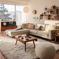 Mid-Century Modern Living Room: Cozy Elegance and Natural Serenity