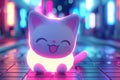 Vintage Kawai cute happy little cat in neon style