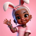 Adorable Easter Bunny Girl: 3D Tattoo Style in Pink Isolated Background