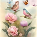 Whimsical Nature\'s Dance - Vintage Watercolor Peonies, Birds, and Butterflies for Kids\' Storybook