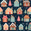 Gingerbread Village in Christmas, New year and other holidays with seamless pattern