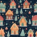 Gingerbread Village in Christmas, New year and other holidays with seamless pattern