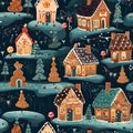 Gingerbread Village in Christmas, New year and other holidays with seamless pattern