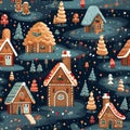 Gingerbread Village in Christmas, New year and other holidays with seamless pattern