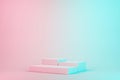 3 step White cube podium on pastel studio, blue and pink background Royalty Free Stock Photo