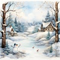 Winter landscape with snowman and village. Watercolor painting. Vector illustration. with copy space Royalty Free Stock Photo