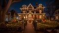 Enchanting Holiday Grandeur: Mesmerizing Nighttime Photo of Victorian Mansion\'s Decorated Entrance