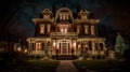 Enchanting Holiday Grandeur: Mesmerizing Nighttime Photo of Victorian Mansion\'s Decorated Entrance Royalty Free Stock Photo