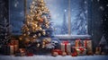 Enchanting Christmas Tree with Snow, Decorations, and Gift Boxes - Festive Holiday Magic