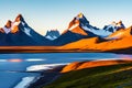 Vestrahorn mountains with snowy tops and a lake generated by ai