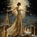 Art Deco-inspired Image of Statuesque Woman in Ethereal Evening Gown Royalty Free Stock Photo