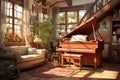 Artistic Harmony: Living Room with Piano and Paintings in the Style of Elegance. Generative AI