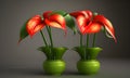 Different looking anthuriums in green color vase. Generative AI