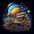 Abstract representation of stack of empty journals on a floating planet in outer space