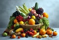 Cornucopia overflows with vibrant array of fruits and vegetables, celebrating the bountiful harvest of nature