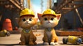 Cartoon 3D Cats in Construction Gear - Playful and Adorable Illustrations of Feline Workers