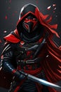 Contemporary Marvel-Inspired Ninja, A Black and Red Hooded Vigilante wielding a Ninja Sword