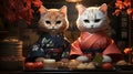 Enchanting Dining Experience: White and Tawny Tabby Cats in Floral Kimonos at a Japanese Restaurant AI Generated