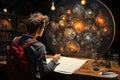 Teenager boy with backpack looking at globe in science laboratory. Education concept