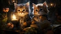 AI-Generated: Two Kittens Holding Lanterns at Night in a Magical Scene