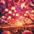 Cherry Blossom Night: Lanterns Aglow Royalty Free Stock Photo