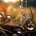 Enchanted Dewdrops: A magical macro capture of dewdrops on the tips of a spider's web