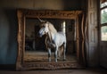 Whimsical Arrival: White Unicorn Emerging from Vintage Mirror in Rural Room