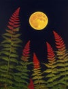 Fantasy landscape with a full moon, fern and a bee. AI Generated