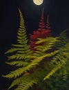 Fantasy landscape with a full moon, fern and a bee. AI Generated