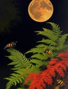 Fantasy landscape with a full moon, fern and a bee. AI Generated