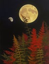 Fantasy landscape with a full moon, fern and a bee. AI Generated