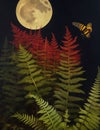 Fantasy landscape with a full moon, fern and a bee. AI Generated