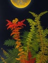 Fantasy landscape with a full moon, fern and a bee. AI Generated