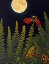 Fantasy landscape with a full moon, fern and a bee. AI Generated