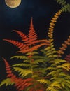 Fantasy landscape with a full moon, fern and a bee. AI Generated