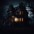 Enchanted Midnight: Creepy Manor Amidst a Dark Knight. Created using Ai Royalty Free Stock Photo