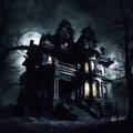 Enchanted Midnight: Creepy Manor Amidst a Dark Knight. Created using Ai