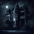 Enchanted Midnight: Creepy Manor Amidst a Dark Knight. Created using Ai